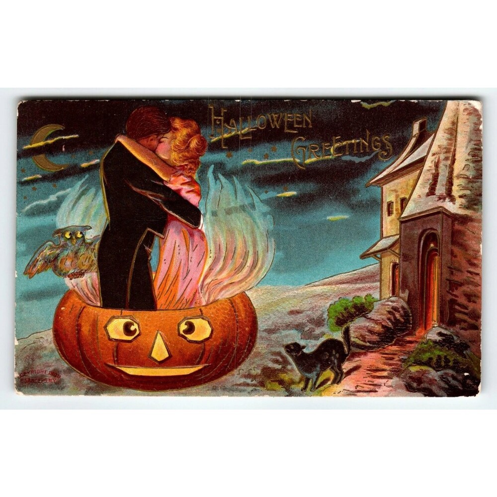 Vintage 1910s Halloween Greetings Postcard Romantic Moon Cat Pumpkin Fantasy